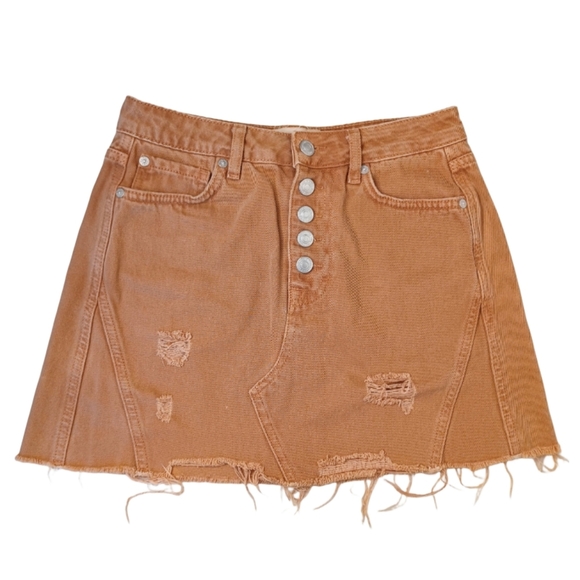 We The Free Rust Boho Distressed 100% Cotton Sz 26 Denim Mini Skirt - Picture 1 of 12